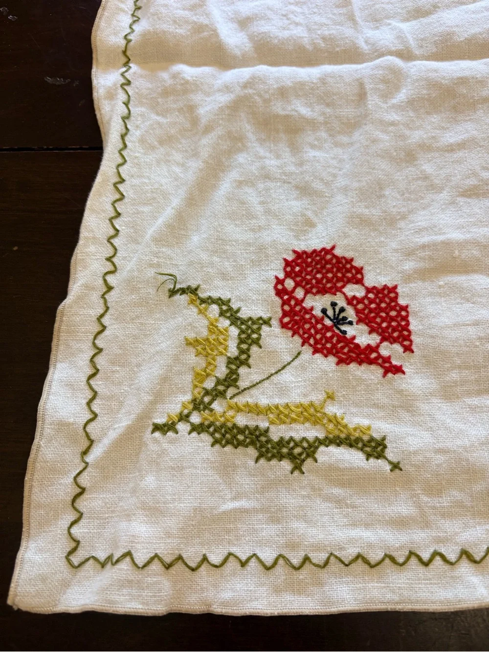 Handmade White Tablecloth with Red Tulip Cross Stitch